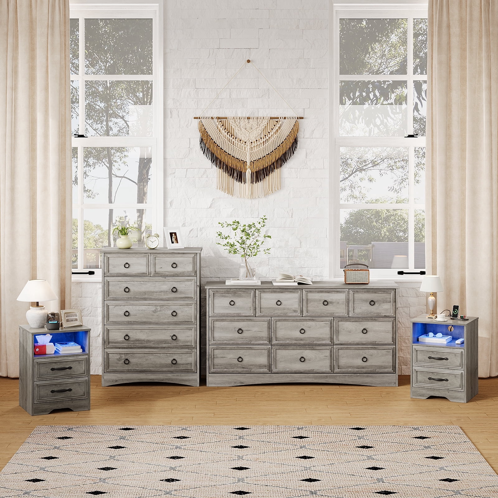grey night stand and dresser LGHM 3 Piece Bedroom Dresser Set, 10 Drawer Dresser and 2 Drawers Nightstand set of 2, Gray Wash