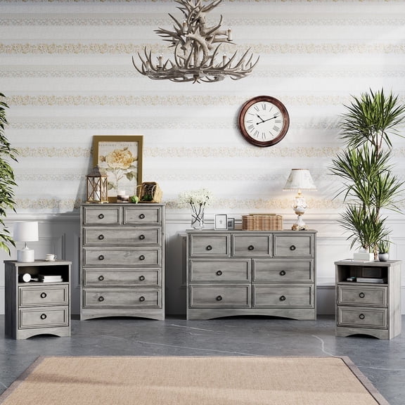 Holliwill Dresser Nightstands Set, 4 Pieces Bedroom Furniture Set, Wide 7 Drawer Dresser, Tall 6 Drawer Dresser and 2 Drawer Nightstand, Grey