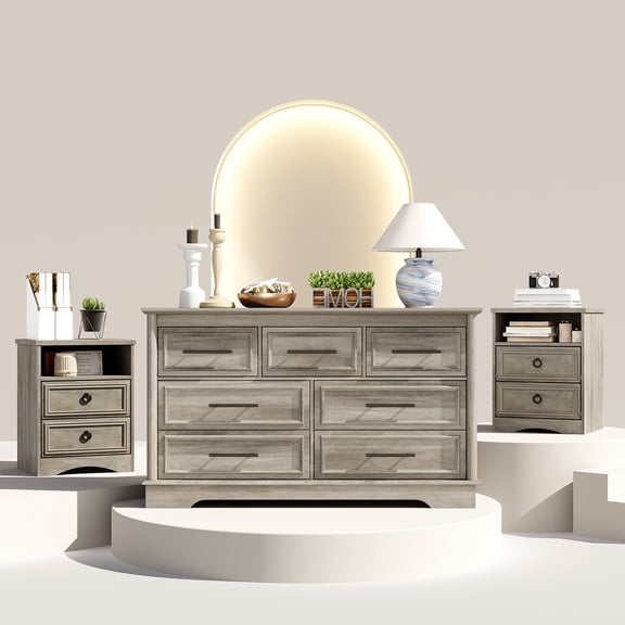 Holliwill Dresser Nightstands Set, 7 Drawers Dresser and 2pcs Bedside Table for Bedroom, Rustic Grey