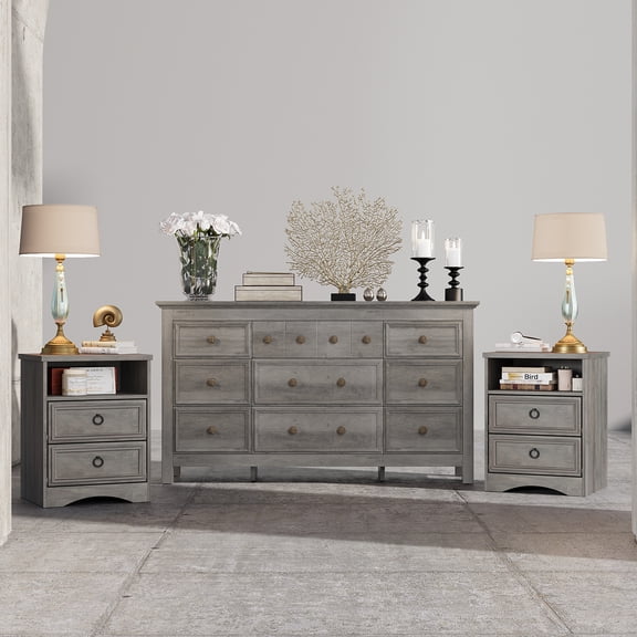 Holliwill Farmhouse 3 Pieces Bedroom Furniture Set, Wide 9 Drawer Dresser and 2 Drawer Nightstand, Grey
