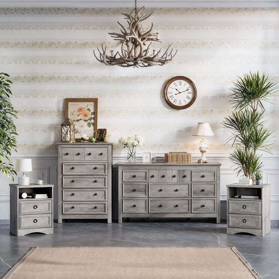 Holliwill Farmhouse 4 Pieces Bedroom Furniture Set, Wide 9 Drawer Dresser, Tall 6 Drawer Dresser and 2 Drawer Nightstand, Rustic Grey