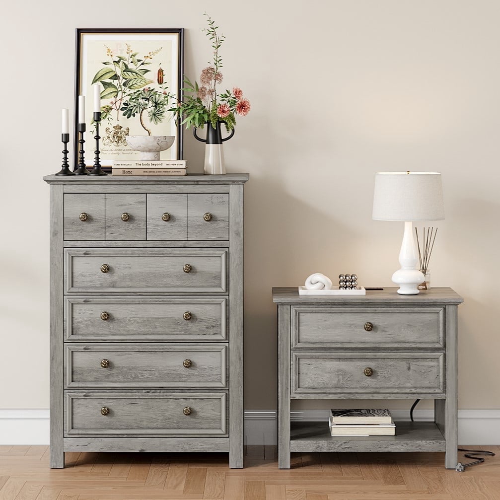 grey night stand and dresser Amazon.com: ADORNEVE Nightstand Set 2,Gray Nightstand with Charging Station  & Hutch,Night Stands for Bedrooms Set of 2,Bedside Table with Drawers :  Home & Kitchen