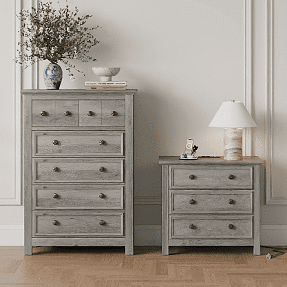 Holliwill Farmhouse Bedroom 2 Pieces Set, Tall 6 Drawer Dresser and 3 Drawer Nightstand with Open Shelf & Charging Station, Chest of Drawers for Bedroom, Grey