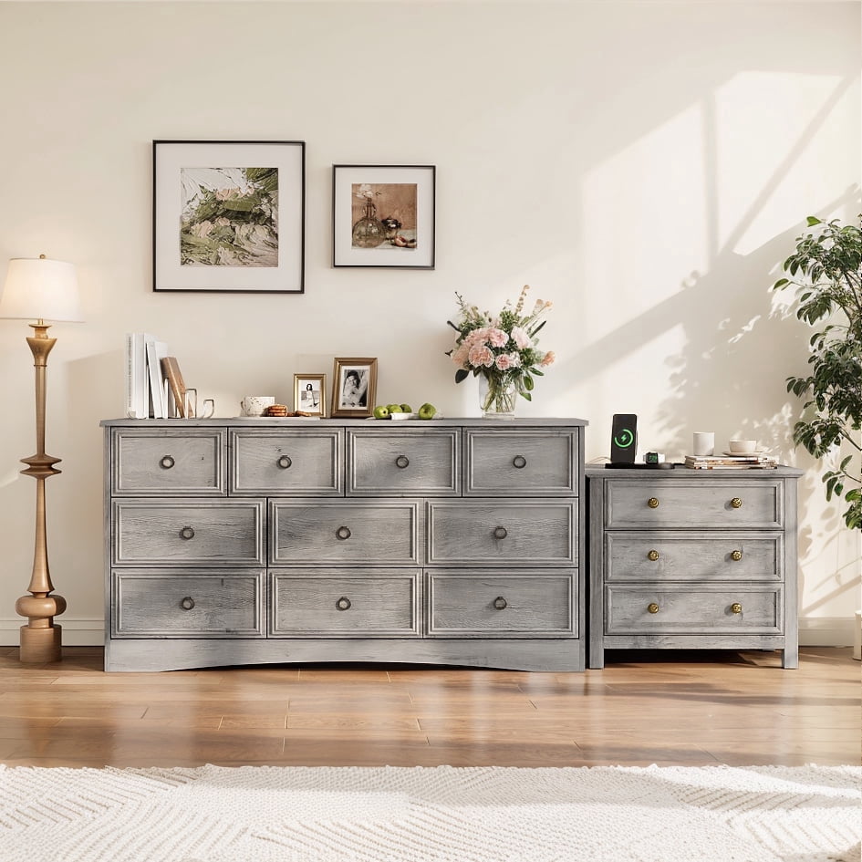 3 drawer dresser grey Holliwill Farmhouse Bedroom 2 Pieces Set, Wide 10 and Drawer Nightstand with Open Shelf & Charging Station, Chest of Drawers for Ikea gullaberg