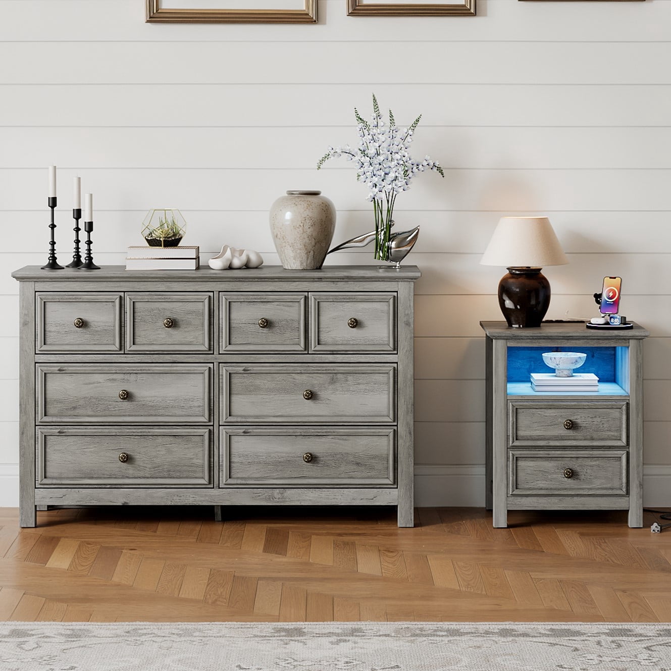 Holliwill Farmhouse Bedroom 2 Pieces Set, Wide 8 Drawer Dresser and 2 Drawer Nightstand with LED Lights & Charging Station, Chest of Drawers for Bedroom, Grey