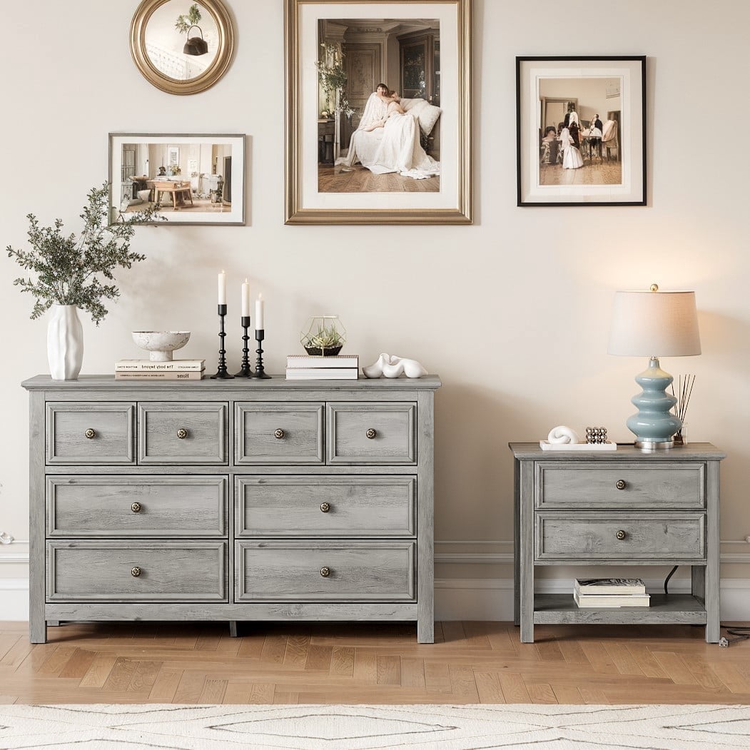 Holliwill Farmhouse Bedroom 2 Pieces Set, Wide 8 Drawer Dresser and 2 Drawer Nightstand with Open Shelf & Charging Station, Chest of Drawers for Bedroom, Grey