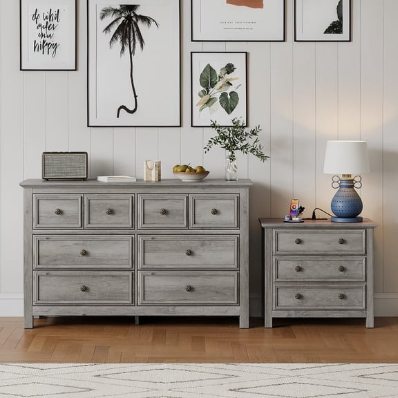 Holliwill Farmhouse Bedroom 2 Pieces Set, Wide 8 Drawer Dresser and 3 Drawer Nightstand with Open Shelf & Charging Station, Chest of Drawers for Bedroom, Grey