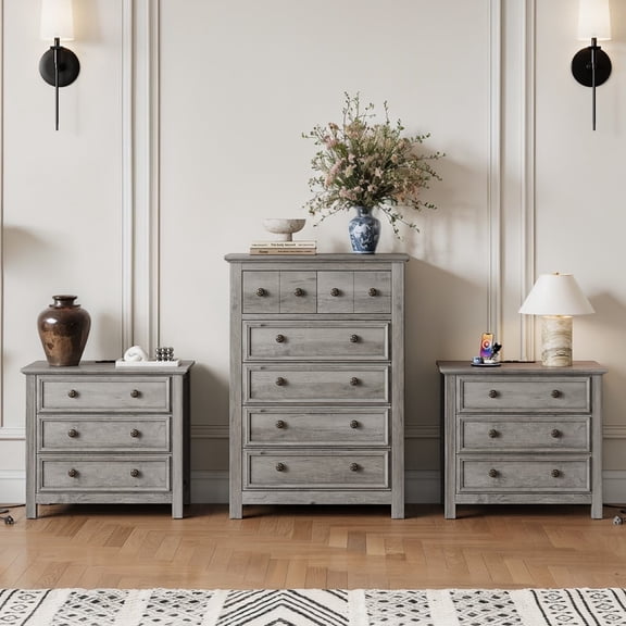 Holliwill Dresser Nightstand Set, Farmhouse Bedroom 3 Pieces Set, Tall 6 Drawer Dresser and 3 Drawer Nightstand with Open Shelf & Charging Station, Chest of Drawers for Bedroom, Grey