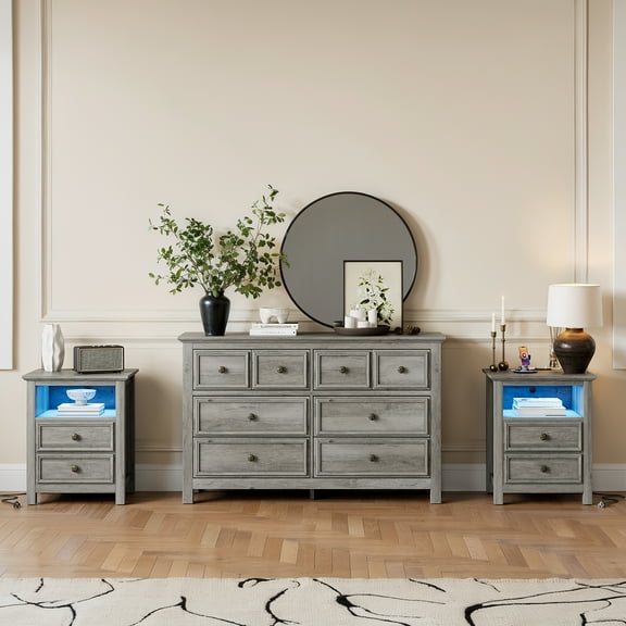 Holliwill Farmhouse Bedroom 3 Pieces Set, Wide 8 Drawer Dresser and 2 Drawer Nightstand with LED Lights & Charging Station, Chest of Drawers for Bedroom, Grey