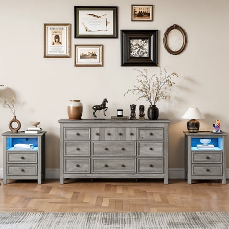 Holliwill Farmhouse Bedroom 3 Pieces Set, Wide 9 Drawer Dresser and 2 Drawer Nightstand with LED Lights & Charging Station, Chest of Drawers for Bedroom, Grey