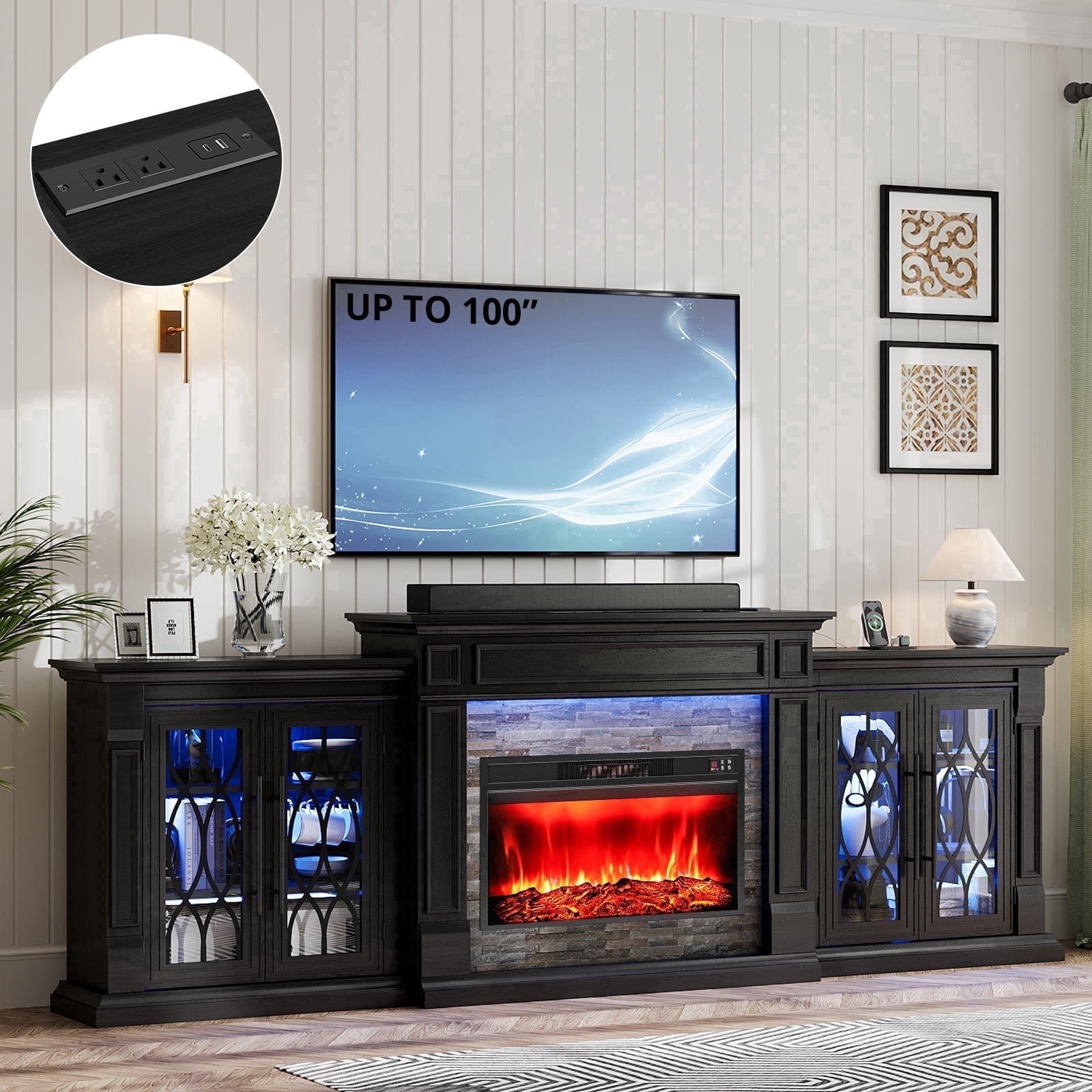 Holliwill 104" Fireplace TV Stand with 30" Electric Heater & LED Lights & Power Outlets, Modern Farmhouse Entertainment Center with Storage Cabinet for Living Room, Large Fireplace with Mantel, Black