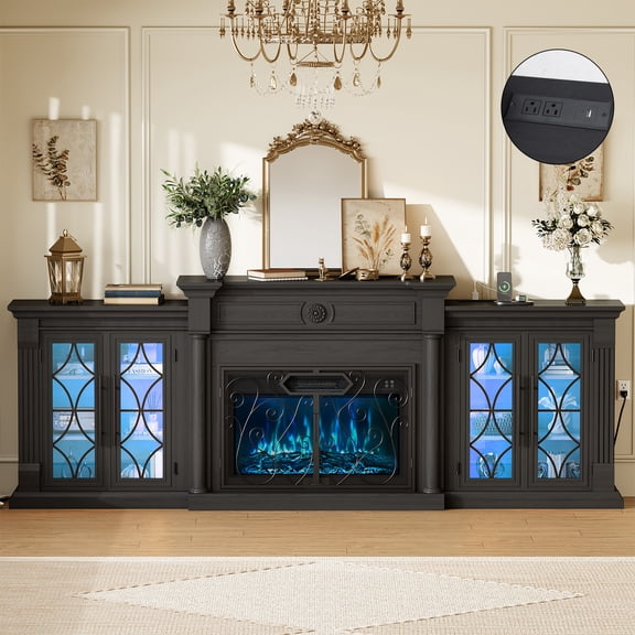 Holliwill Modular 104" Fireplace TV Stand with 30" Electric Fireplace & LED Lights & Charging Station, with Color-Changing Flame, Modern Farmhouse Entertainment Center for Living Room, Black