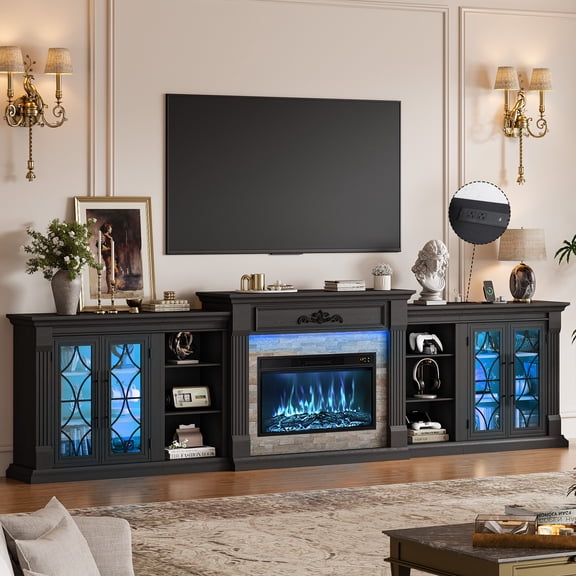 Holliwill Modular 135" Fireplace TV Stand with 30" Electric Fireplace & LED Lights & Charging Station, with Color-Changing Flame, Modern Farmhouse Entertainment Center for Living Room, Black