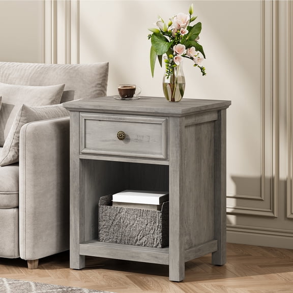 Holliwill Nightstand with Drawer and Open Storage, Farmhouse End Table Bedside Table for Bedroom Living Room, Gray