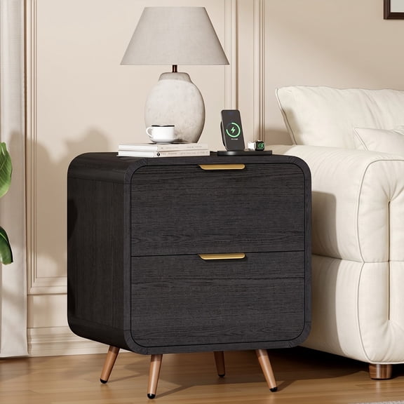 Holliwill Nightstands with Charging Station, Modern Bedside Table End Table with 2 Drawer for Bedroom Living Room, Black