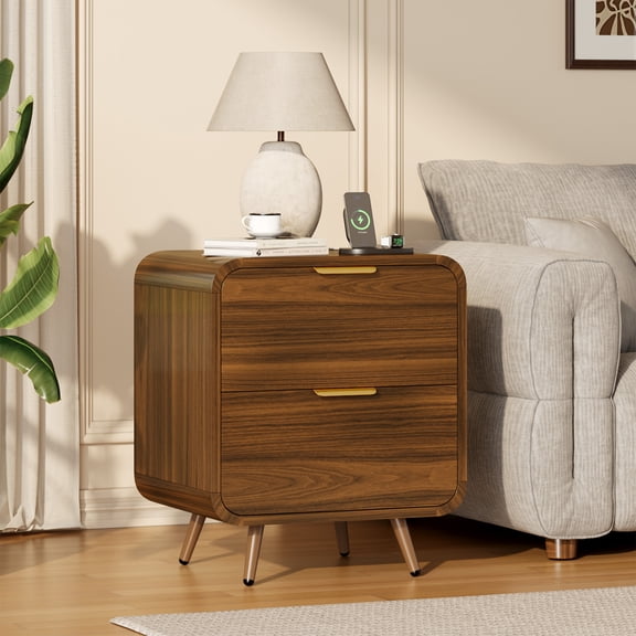 Holliwill Nightstands with Charging Station, Modern Bedside Table End Table with 2 Drawer for Bedroom Living Room, Walnut
