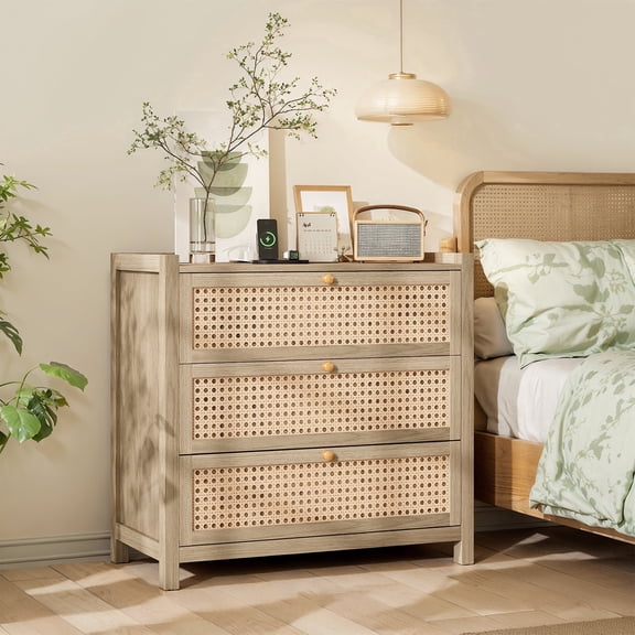 Holliwill 29.5"W Nightstand with Charging Station, 3 Drawers Dresser,  Rattan Bedside Table Boho Bed Side Tables End Table with Type-C, USB Port for Bedroom, Natural Oak