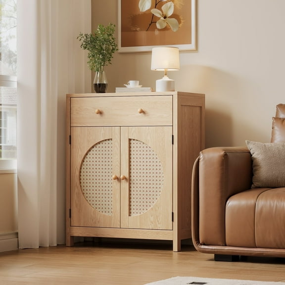 Holliwill Rattan Buffet Cabinet Sideboard with Drawer & Door, Farmhouse Storage Cabinet Coffee Bar for Dining Room Living Room Kitchen Entryway, Natural Oak