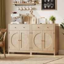 Holliwill Rattan Buffet Cabinet Sideboard Set of 2 with Drawer, Farmhouse Storage Cabinet Coffee Bar for Dining Room Living Room Kitchen Entryway, Natural Oak