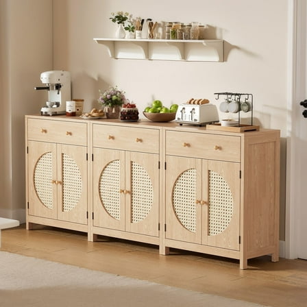 Holliwill Rattan Buffet Cabinet Sideboard Set of 3 with Drawer & Rattan Door, Farmhouse Storage Cabinet Coffee Bar for Dining Room Living Room Kitchen Entryway, Natural Oak