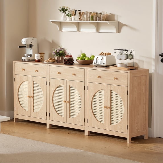 Holliwill Rattan Buffet Cabinet Sideboard Set of 3 with Drawer & Rattan Door, Farmhouse Storage Cabinet Coffee Bar for Dining Room Living Room Kitchen Entryway, Natural Oak