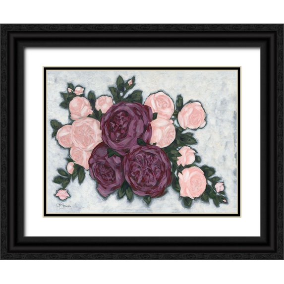Holllihocks Art 18x15 Black Ornate Wood Framed with Double Matting Museum Art Print Titled - English Roses