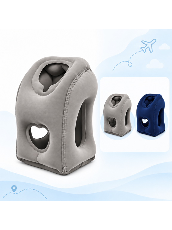 Inflatable Face-Down Travel Pillow with Arm Slots, Gray