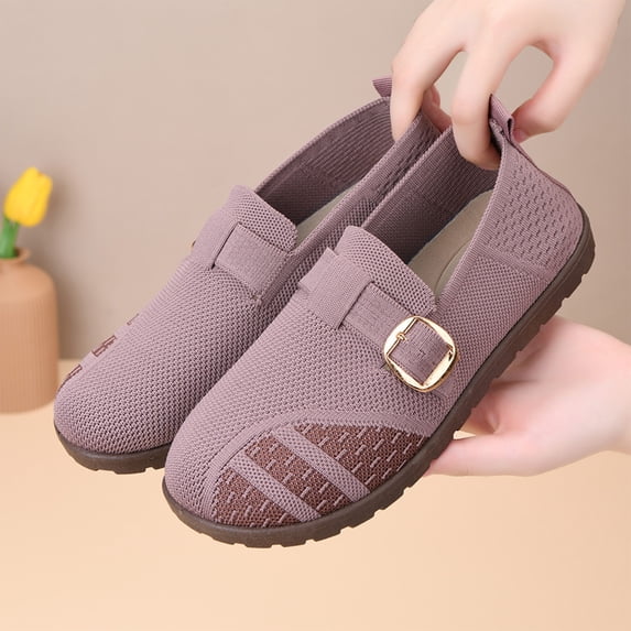 Hollow Breathable Mesh Knit Walking Flats For Women, Metal Buckle Strap Lightweight Cushioned Soft Sole Daily Outdoor Casual Loafers