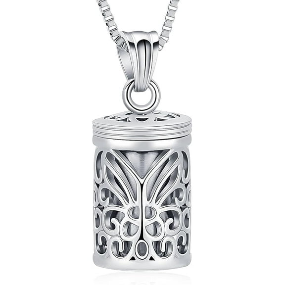 Hollow Butterfly Cremation Jewelry Cylinder Urn Necklace for Ashes Memorial Locket Mini Keepsake Necklace for Ashes for Women Men