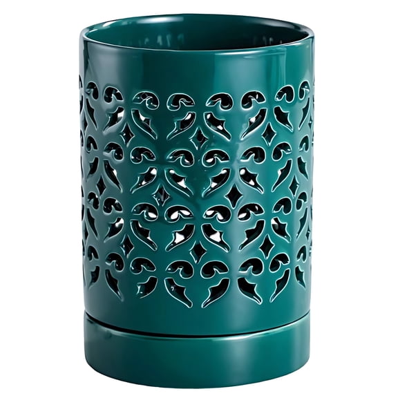Hollow Ceramic Decorative Pot, Green Floral Design, 5.5 x 4.1 in/14 x 10.5 cm, Multi-Purpose, Chopsticks Cage, Pen Holder, Indoor Outdoor Flower Pots