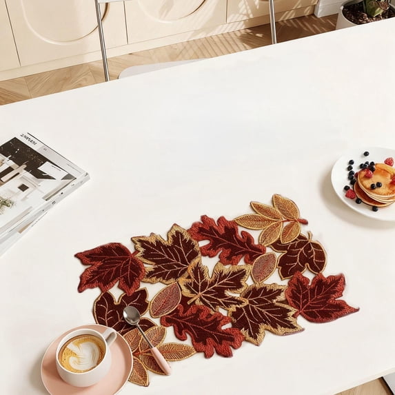 Hollow Cut Embroidered Maple Leaf Table Runner Fall Thanksgiving Seasonal Dining Table Centerpiece Reusable Holiday Home Party Decor