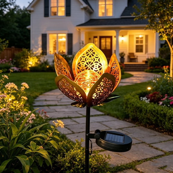 Hollow Cutout Metal Flower Solar Stake Light IP65 Waterproof Warm LED Auto Dusk On Off Outdoor Decor Lamp for Garden Lawn Flower Bed Path Patio Yard Housewarming Gardener Gift