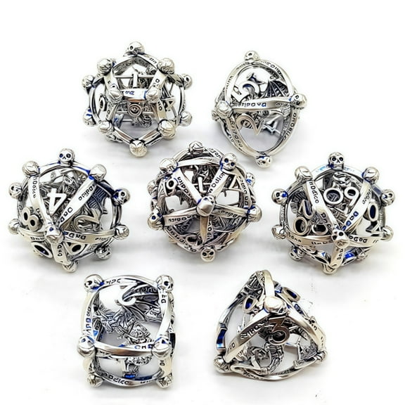 Hollow Silver Metal DND Dice Set – 7-Piece Polyhedral Tabletop RPG Dice for Dungeons & Dragons, Pathfinder & Board Games,Silver Metal Dice