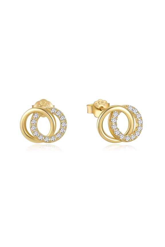 Hollow Double Circle Zircon Stud Earrings for Women – 925 Sterling Silver 14K Gold Plated – Sparkling Cubic Zirconia – Hypoallergenic & Lightweight