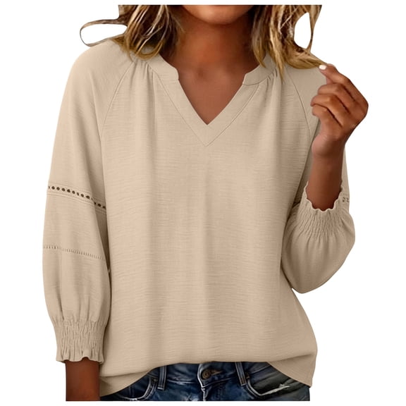 Hollow Eyelet Raglan Three Quarter Sleeve Blouse Notch V Neck Smocked Cuff Solid Loose Casual Top for Women Spring Summer Daily Wear S-XXL
