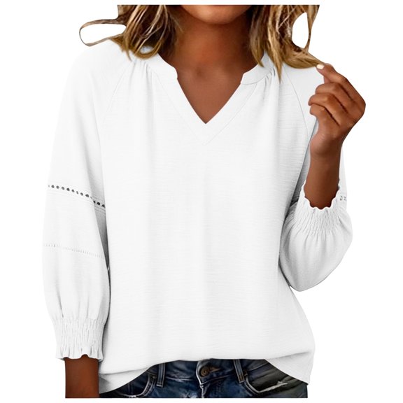 Hollow Eyelet Raglan Three Quarter Sleeve Blouse Notch V Neck Smocked Cuff Solid Loose Casual Top for Women Spring Summer Daily Wear S-XXL