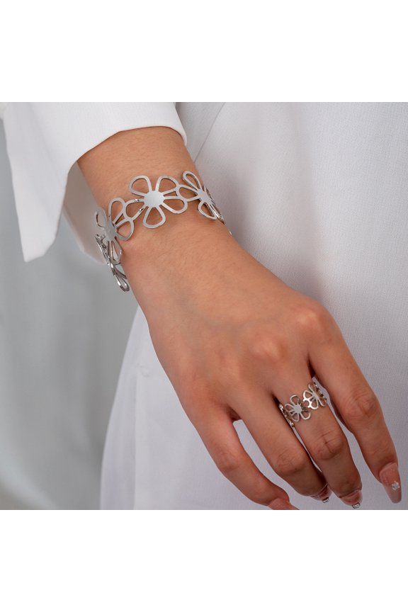 Hollow Flower Alloy Cuff Bangle & Cuff Ring sets Platinum Inner Diameter: 60mm