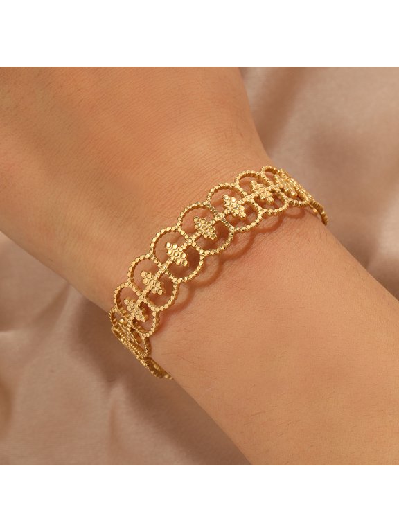 Hollow Flower Cuff Bangle Bracelet for Women, 14K Gold Filled Luxe Refined Delicate Chic Modern Everyday Style Jewelry