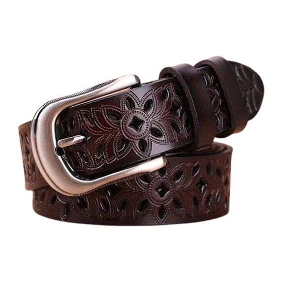Hollow Flower Leather Belt,Metal Buckle Waist Belt,Jeans Matching Wide Belt,Solid Texture Adjustable Size Daily Casual Pants Matching Elegant Stylish Practical Waist Decor Accessory,Coffee,L-45.28''