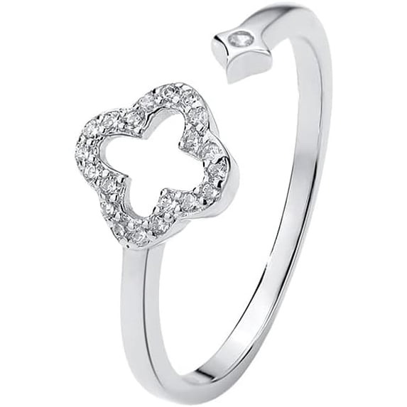 Hollow Four Leaf Clover Stacking Ring 925 Sterling Silver Crystal Cubic Zirconia Cross Open Adjustable Statement Knuckle Finger Rings Promise Eternity Bands Dainty Jewelry Gifts for Women