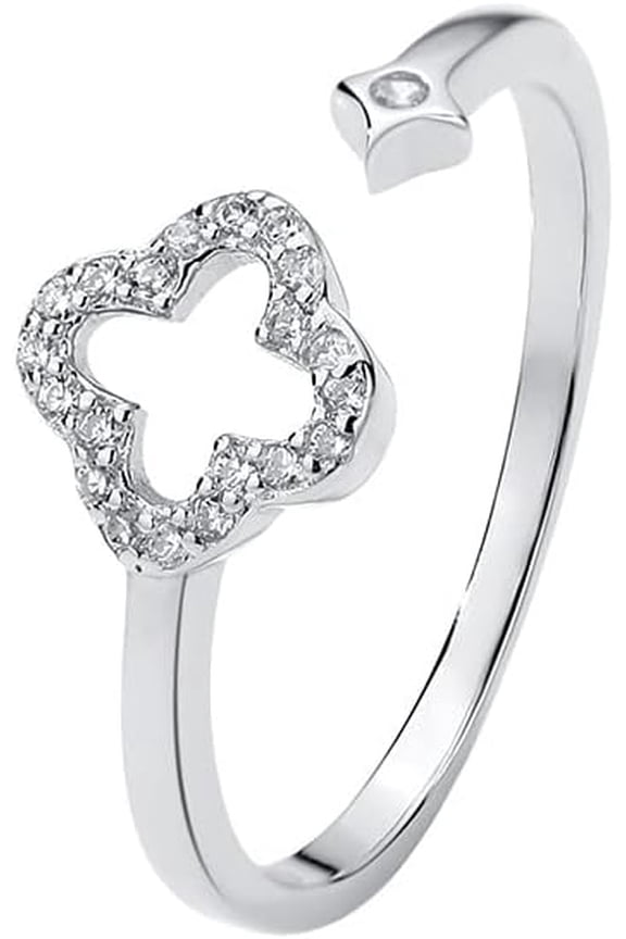 Hollow Four Leaf Clover Stacking Ring 925 Sterling Silver Crystal Cubic Zirconia Cross Open Adjustable Statement Knuckle Finger Rings Promise Eternity Bands Dainty Jewelry Gifts for Women