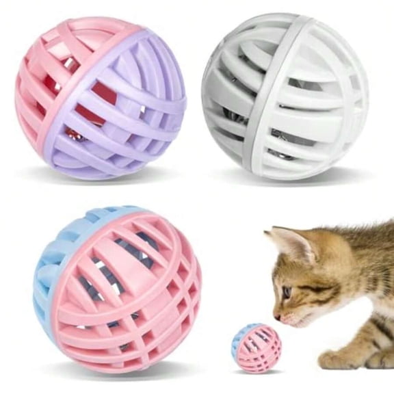 Hollow Grind Ball Cat Toy With Bell - As Pic Color - 3 Pack