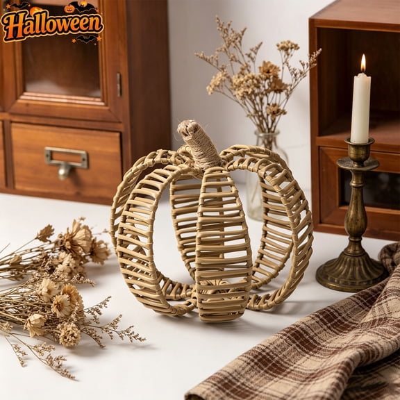 Hollow Hand Woven Rattan Pumpkin Tabletop Ornament, Artificial Wicker Pumpkin Decor, Boho Farmhouse Fall Centerpiece For Mantel Shelf Halloween Thanksgiving Harvest Party Indoor Home Decor