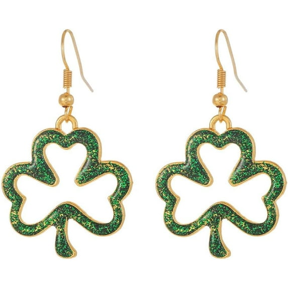Hollow Heart Clover Leaf Dangle Earrings for Women Green Shiny Sequins Enamel Charms Statement Drop Fish Hook Dangling Lucky St.Patrick's Day Shamrock Costume Jewelry