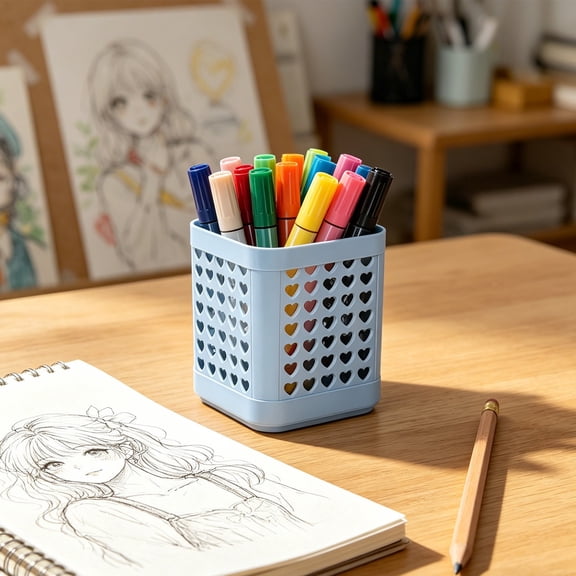 Hollow Heart Pen Holder Desk Organizer Multi-Functional Pencil Cup Large Capacity PP Stationery Storage Container for Home Office Students Teachers Aesthetic Desk Decor Organizer, Sky Blue