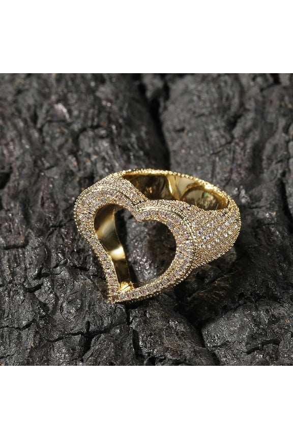 Hollow Heart Rings Full Bling Iced Out Pink Cubic Zircon AAA 14K Yellow Gold  Rings Luxury Fashion Hiphop Jewelry Gift