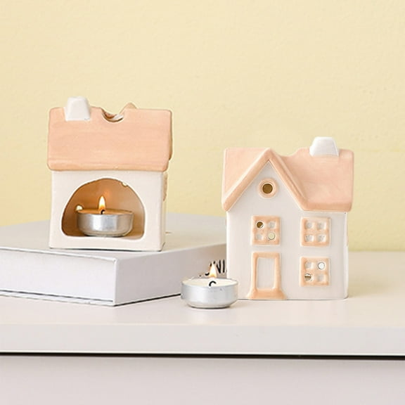Hollow House Ceramic Candlestick Holder, Fine Carved Storybook Town Night Design with Chimney & Windows, Stable Base for Safe Candle Display, Home Decor Gift