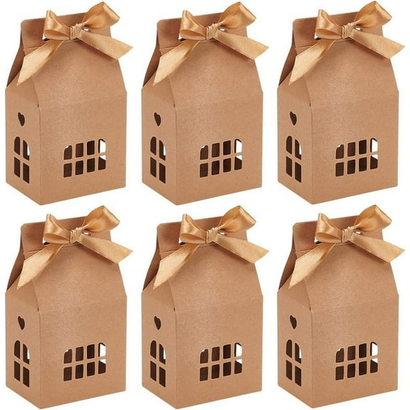 Hollow House Shaped Kraft Paper Candy Boxes Festival Gift Wrapping Boxes with Window and Ribbon for Candy Weeding Party Favors Gift Packaging Camel 12.5x7x5cm