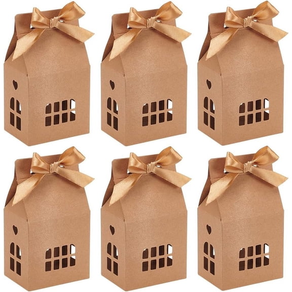 Hollow House Shaped Kraft Paper Candy Boxes Festival Gift Wrapping Boxes with Window and Ribbon for Candy Weeding Party Favors Gift Packaging Camel