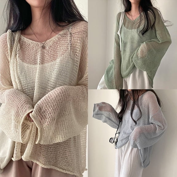 Hollow Knitted Sun Protection Shirt Women Thin Cover Up Korean Loose Sweater Green YIWEI